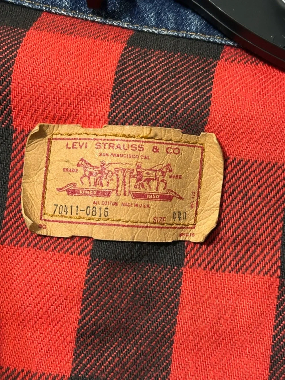 Men's Blue Denim Jacket with Red Plaid Lining - Picture 2 of 3
